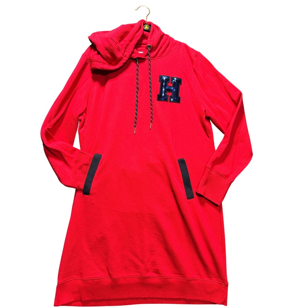 Tommy Hilfiger Hoodie Dress Womens Large Red Sequin Logo TJGLGK922